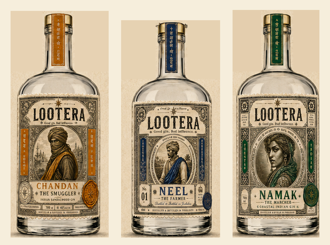 The three Lootera gin bottles — Chandan, Neel and Namak